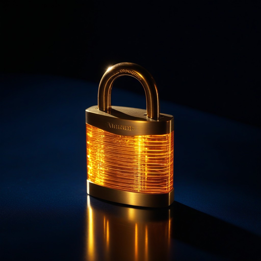 A single glowing brass padlock with an amber circuit-pattern body, standing alone on a dark reflective surface