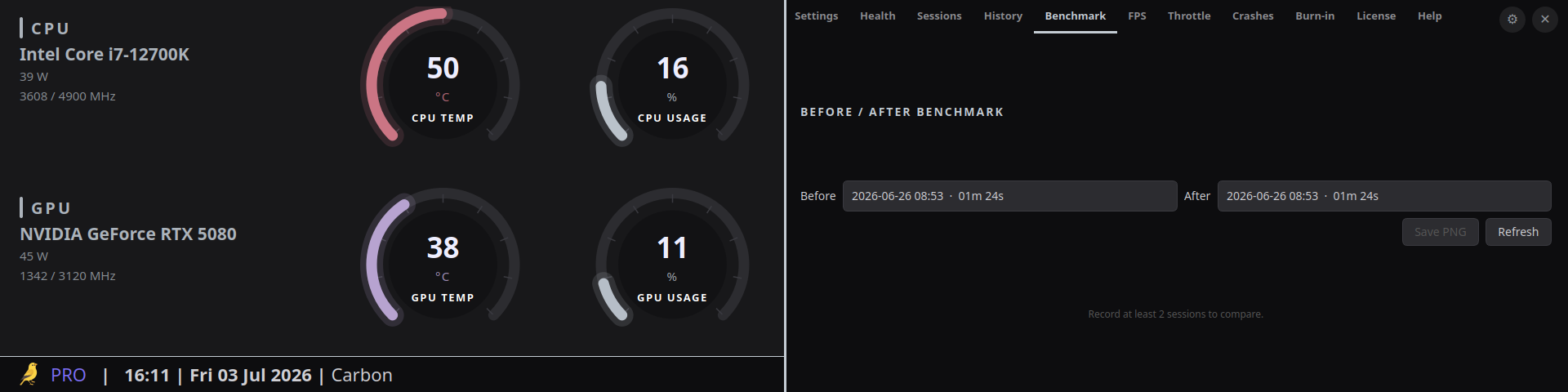 Thermal Canary Pro Before/After Benchmark tab with two session pickers labeled Before and After, and a Save PNG button